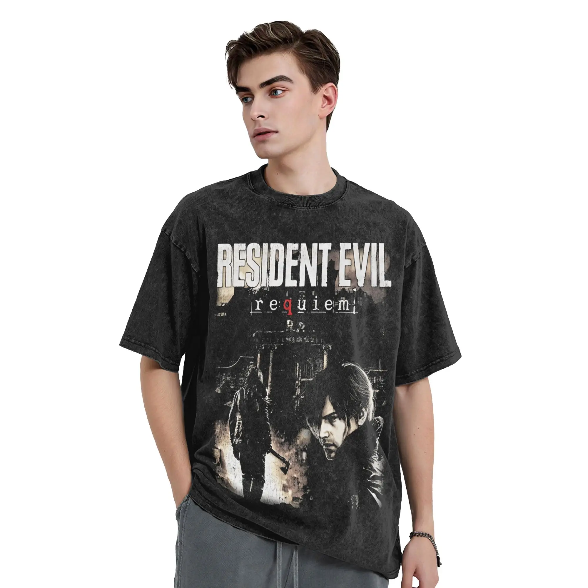 Retro Resident Evil Requiem Washed T-Shirt Male  Y2K Fun Cotton T-Shirts Beach O Neck Harajuku Tees Print Oversized Tops