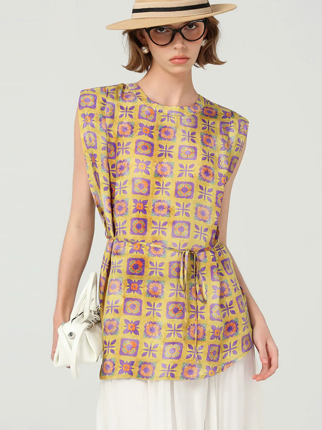

Modern Summer Sle round Ne Svel Vintage Print Top with Belt Holiday Casual Women's irt Faionable Loose Fit