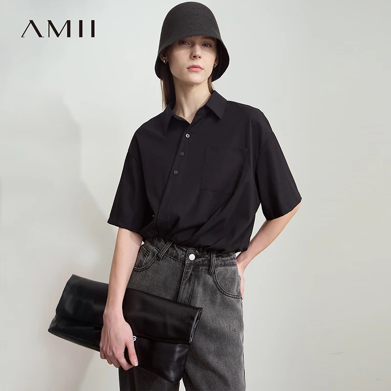 

Amii минималистичная новая летняя стильная белая рубашка женская с отложным воротником короткая длина свободная блузка с заниженными плечами 12522058
