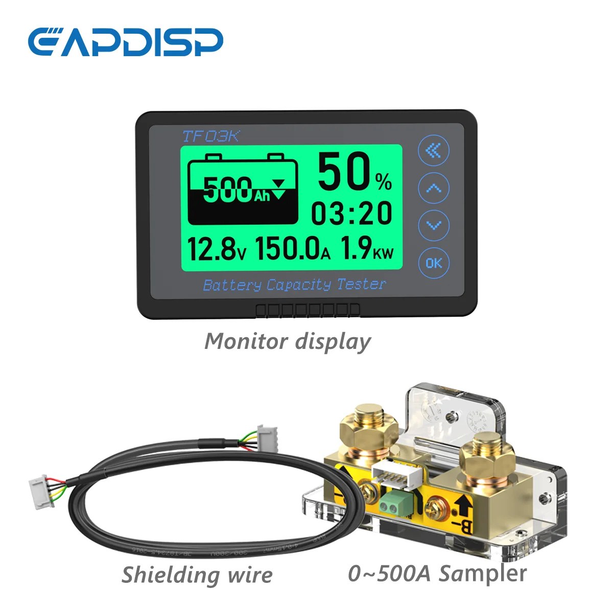 TF03KH 500A Battery Monitor With Shunt For 8V-120V Battery Pack For RV Golf Cart Solar Panel Scooter With LCD Backlight Screen