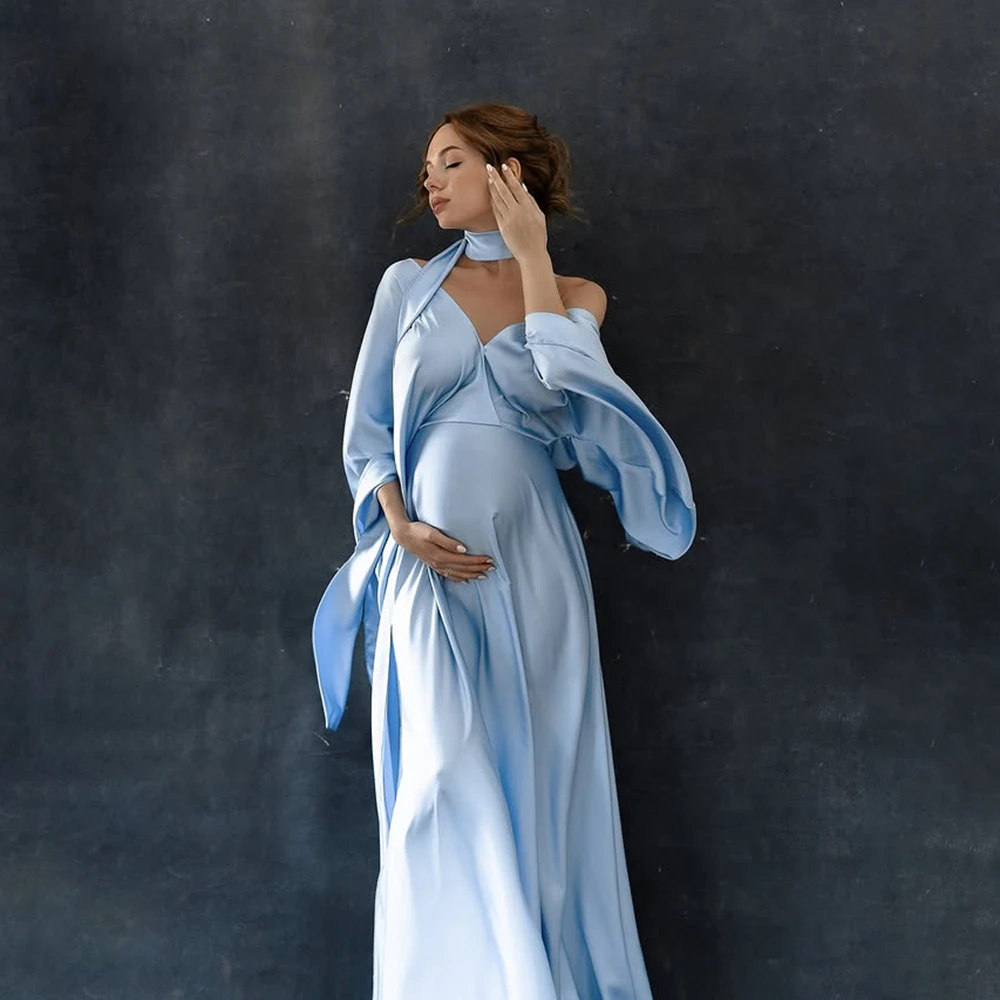Flowing Ribbon Gown Slit Dress Maternity Photography Props Pregnancy Photo Shoot Outfits Goddess Style Studio Posing Apparel - view 3