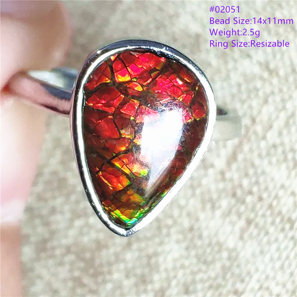 

Genuine Natural Ammonite Ammolite Red Green Ring Men Woman Crystal Beads 925 Sterling Silver Adjustable Rings AAAAA