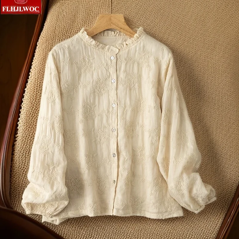 Hot Sales Leuke Zoete Linnen Shirts 2025, Vrouwen Herfst Casual Blouses Japan Meisjes Borduren Retro Vintage Knop Katoenen Shirts