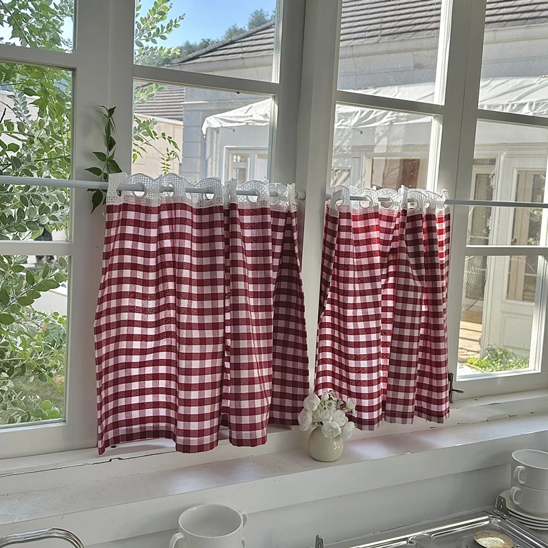 الجاموس تحقق منقوشة نافذة الستائر مع الدانتيل شبه شير ستارة المطبخ مزرعة القماش القطني قضيب جيب الستائر لديكور غرفة نوم #3