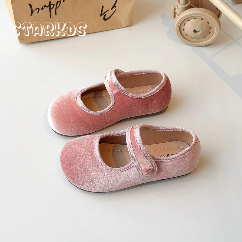 Cute Peach Pink Velvet Shoes Girls Vintage Gold Velour Ballet Flats Baby Kids Spring New Soft Sole Luxury Mary Janes
