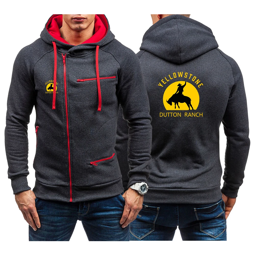 Movie Yellowstone Dutton Ranch Men's New Fashion Diagonal Zip Hoodie Solid Color Long Sleeve Sweatshirt Sweatshirt Pullover Tops