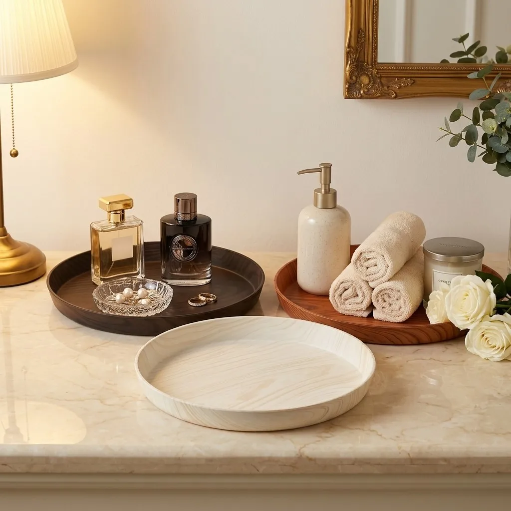 Stackable Round Plastic Vanity Tray Wood Grain Bathroom Storage Perfume Cosmetic Display Holder Dressing Table Makeup Organizer