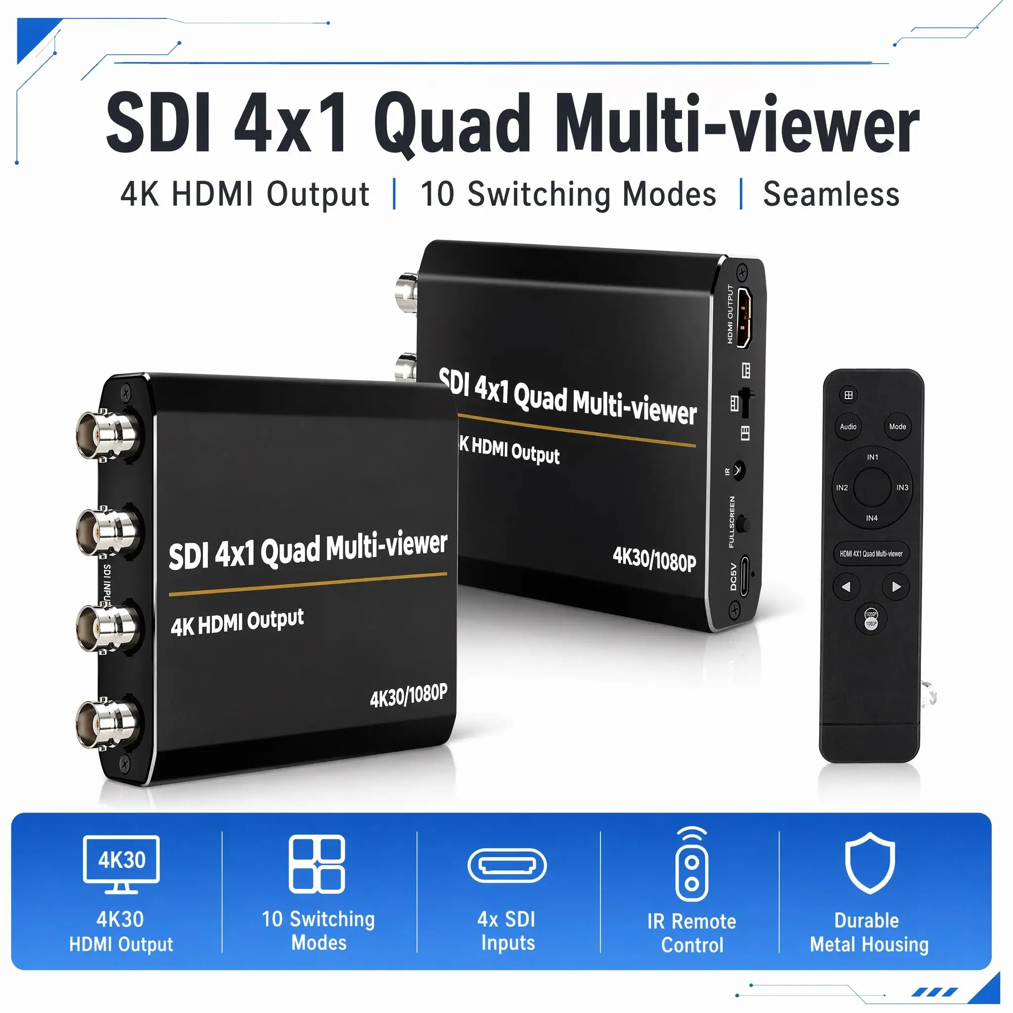 SDI 4x1 Quad Multi-viewer 4 SDI Input To HDMI 4K 10 Split Screen Seamless Switcher IR Remote SDI Video Splitter Switch