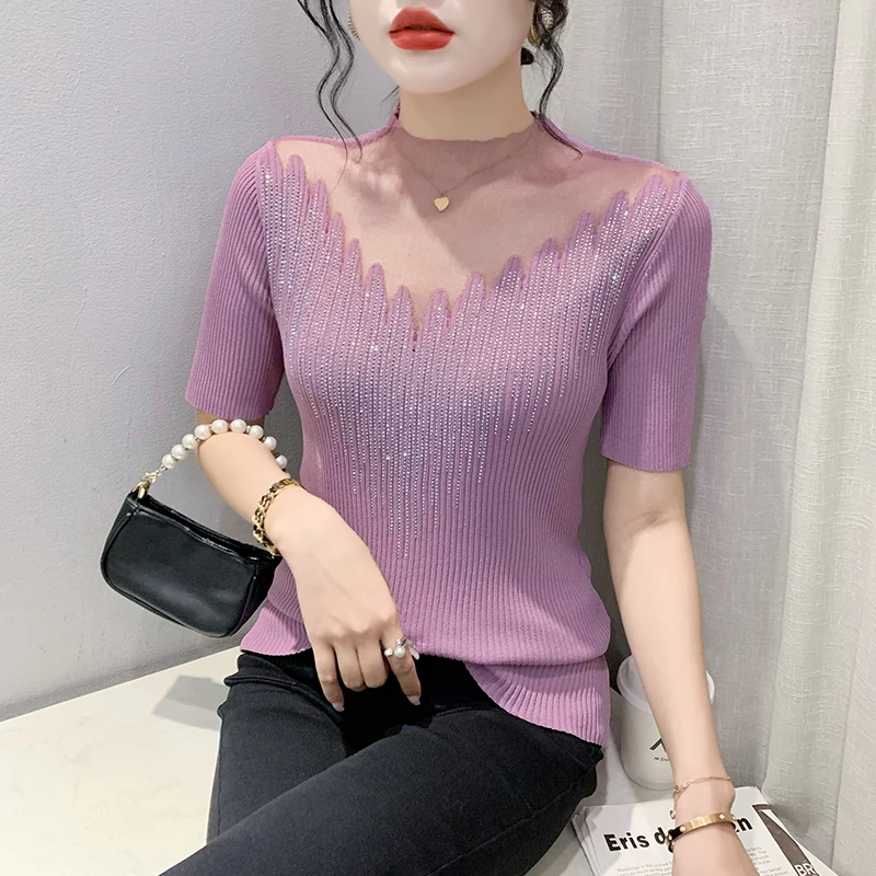 MadBlack Summer European Clothes T-Shirt Female Knit Patchwork Shiny Rhinestones Slim Tops Short Sleeve Elastic Tees 2023T34726M