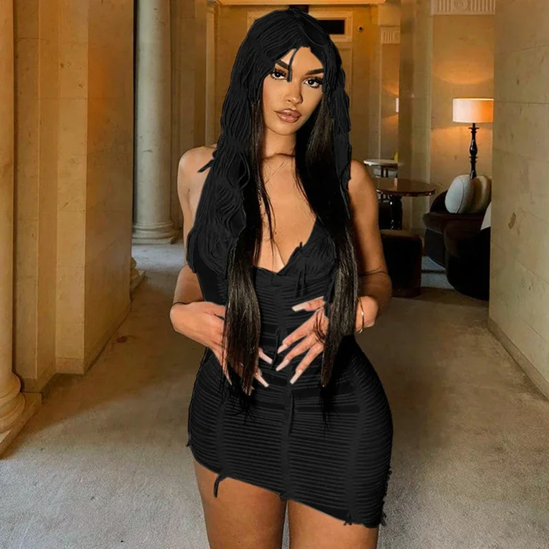 Abrini Women Summer Tassel Hooded Dress Solid Sleeveless Halter Backless Sexy Club Party Bodycon Dress Casual Streetwear Dress