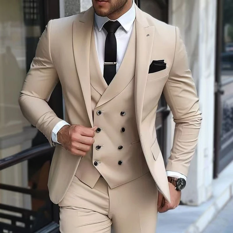 

One Button Peak Lapel Men Suits Elegant Wedding Costume Homme Slim Fit Luxury 3 Piece Jacket Pants Vest Male Clothing Outfits