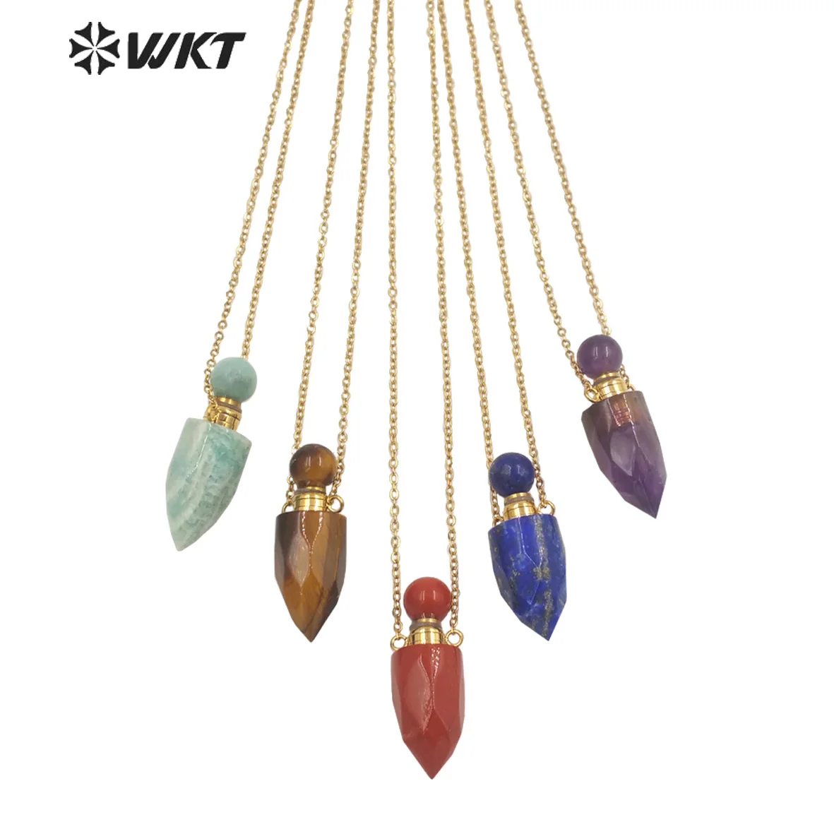 WT-N1372 Wholesale newest fashion gold electroplated stainless steel bullet essencial oil perfume container stone necklace