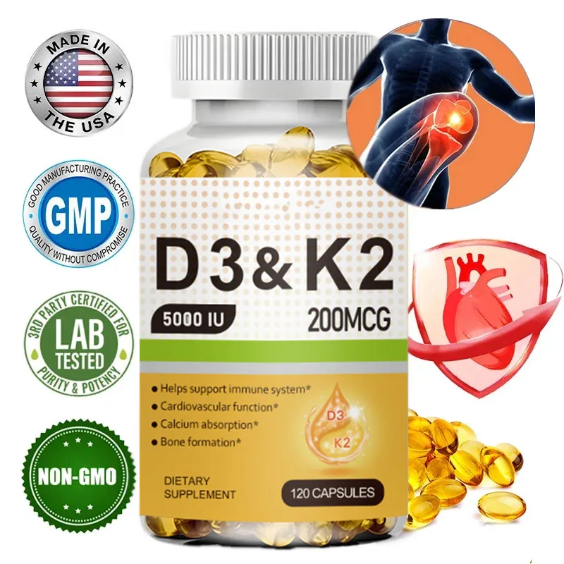 D3+K2 Vitamin D3 5000IU and 200 Mcg Vitamin K2 (MK-7) Vegan Capsules for Bone Density,teeth,skin,heart Health and Immunity.