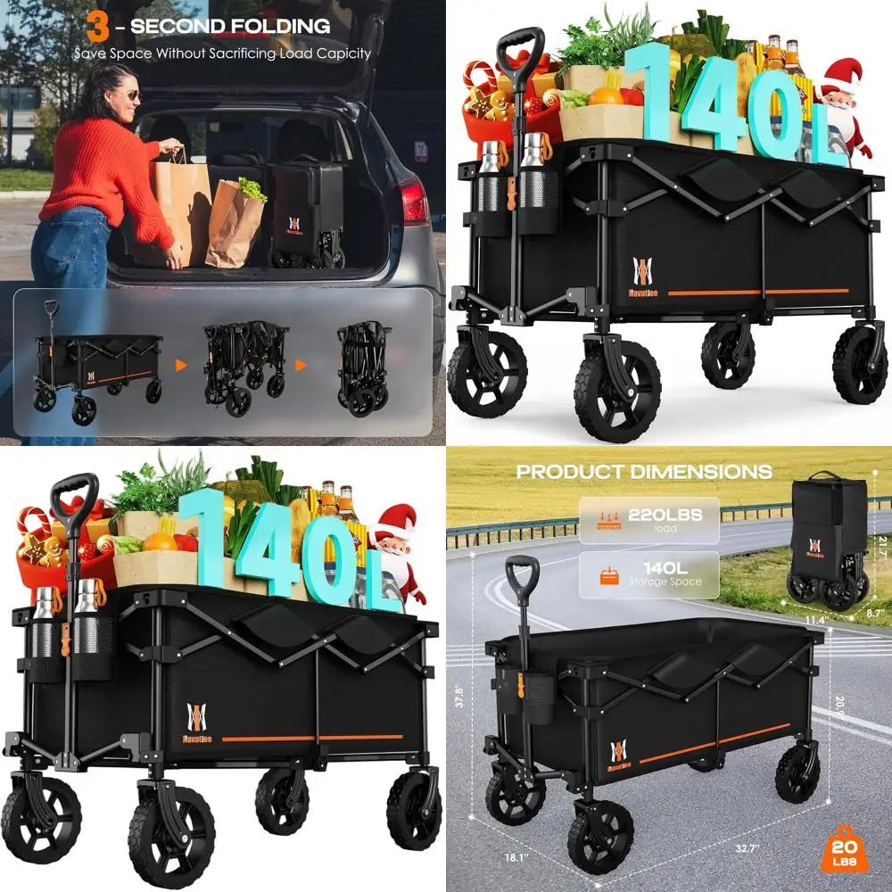 

Большой складной универсальный тележка объемом 140 л с бесшумными вездеходными колесами для кемпинга, покупок, приключений на свежем воздухе