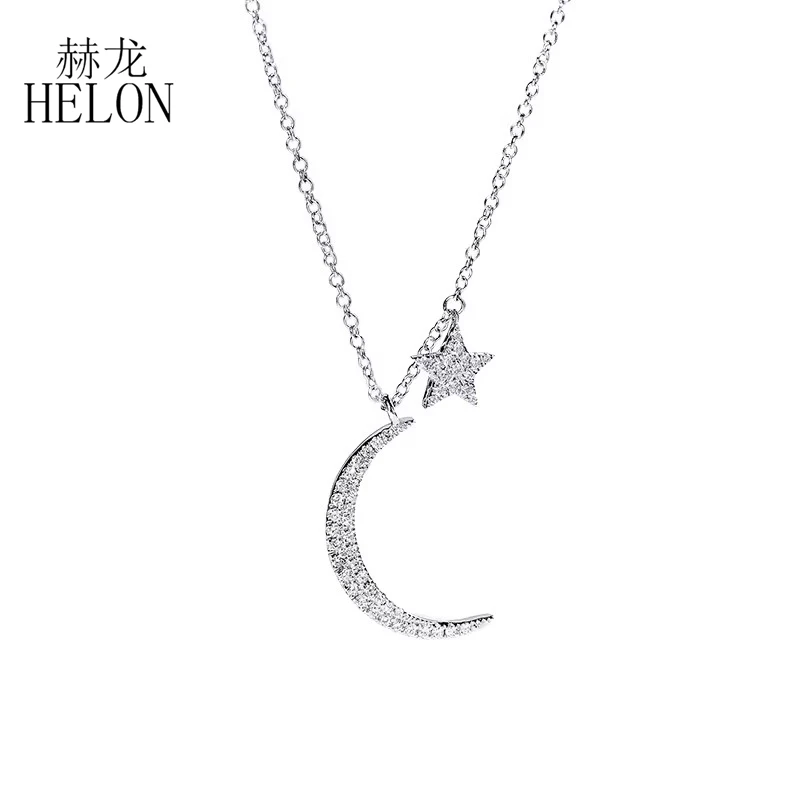 HELON Solid 18k AU750 White Gold Star Moon Natural Diamond Necklace Pendant Women Collarbone Chain Luxurious Trendy Jewelry