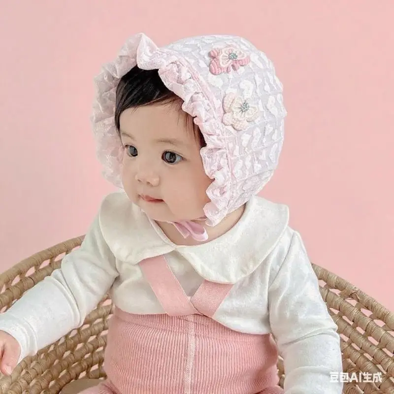 

Spring Autumn Baby Girls Hat Cute Lace Bonnet Hats for Infant Kids Flower Headwear Cap Photography Props Accessories 0-12M