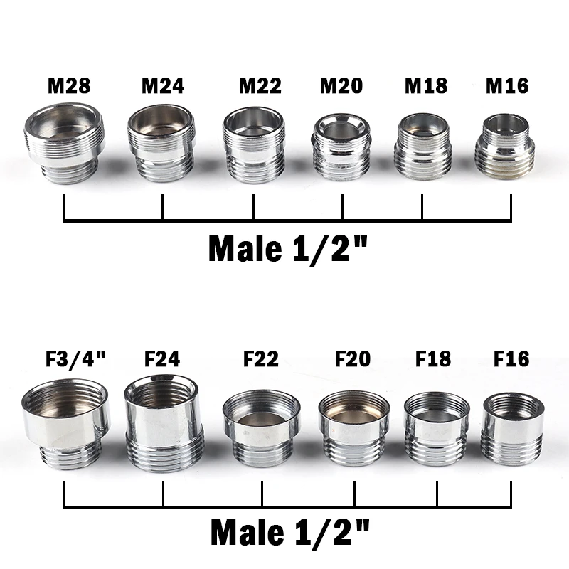 2Pcs Male 1/2‘’ To M16 M18 M20 Faucet Connector Kitchen Water Purifier Copper Joints Silver Stainless Steel Aerator Accessories