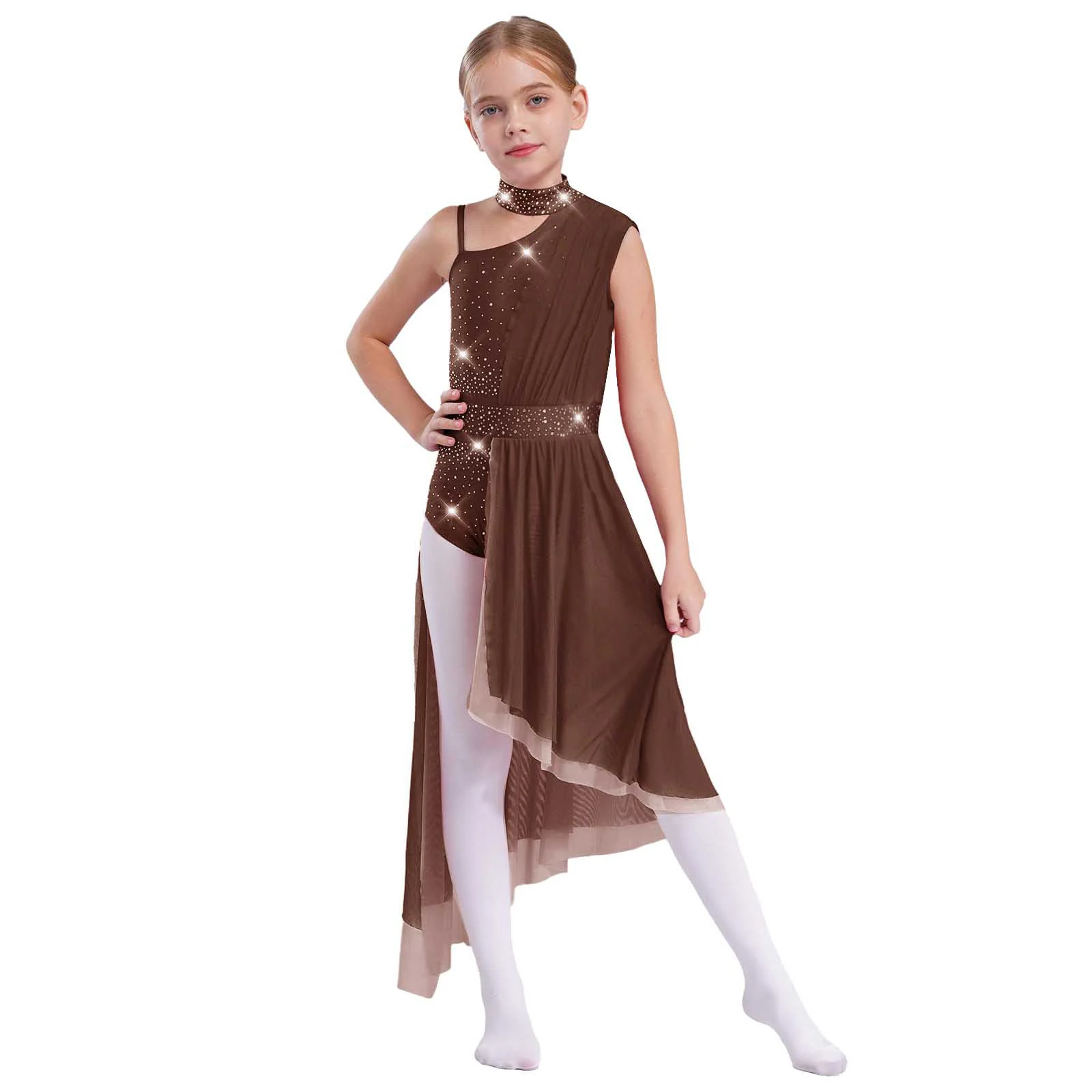 

Girls Lyrical Dance Dress Skating Performance Competition Costume Modern Dancewear Sleeveless Asymmetrical Mesh Skirted Leotards