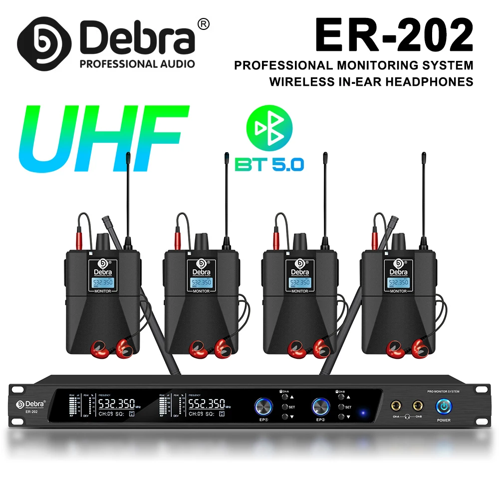 데브라 ER-202 프로페셔널 스테이지 인이어 모니터 시스템, UHF 밴드, 블루투스 5.0 탑재, 무대 공연, 밴드, 극장용