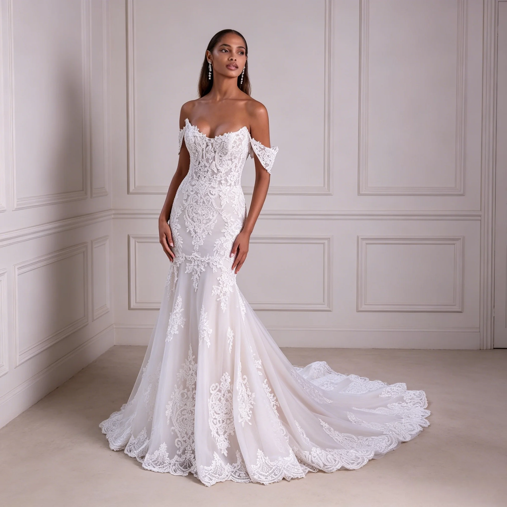 Detachable Off Shoulder Lace Mermaid Wedding Dress Scallop Sweetheart Neck 3D Floral Appliques Low Back Bridal Gown Customizable