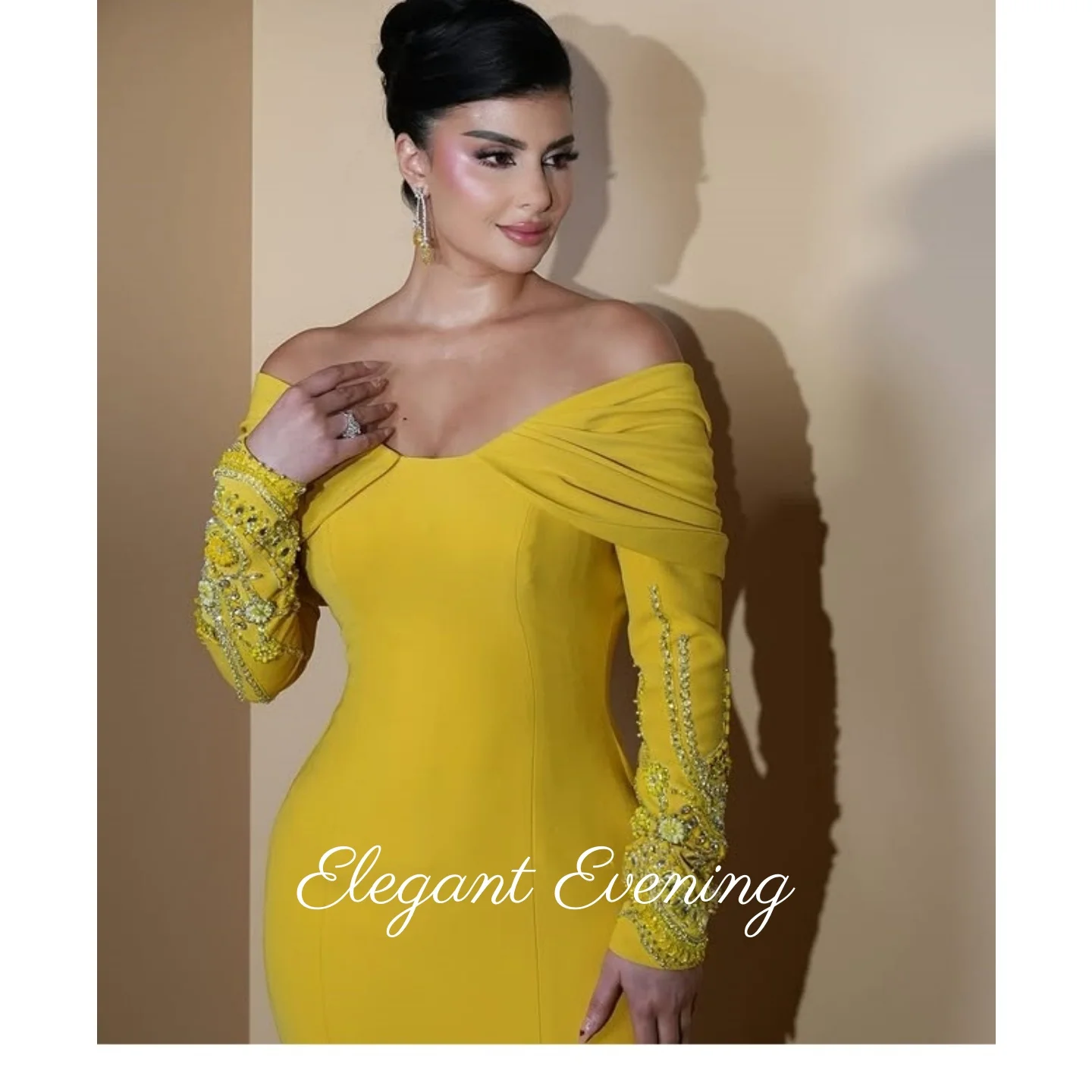 

Off Shoulder Prom Dresses Pleated Yellow Formal Occasion Party Dresses Sequins Beadings Evening Gowns Long Sleeves Customized