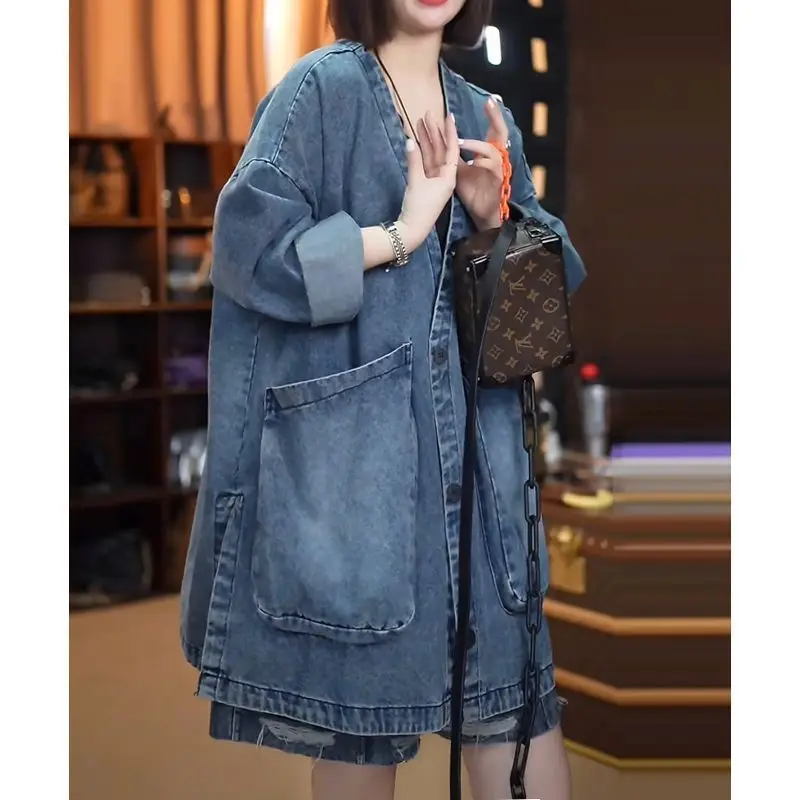 

Coat Women Denim Coats Jackets Y2k Streetwear Work Casual Loose V Neck Work Outerwear Elegant Splice Jacket 2025 Autumn Winter