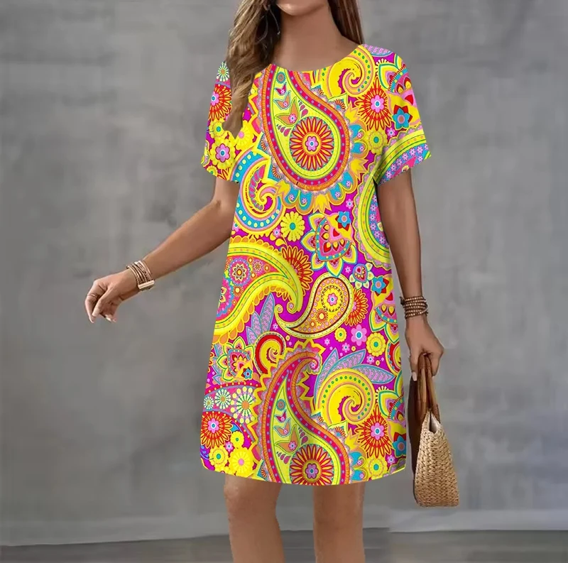 Sommerkleid für Damen im Vintage-Stil mit Print, Kurzarm, Locker Geschnitten, Lässig für Strand und Party