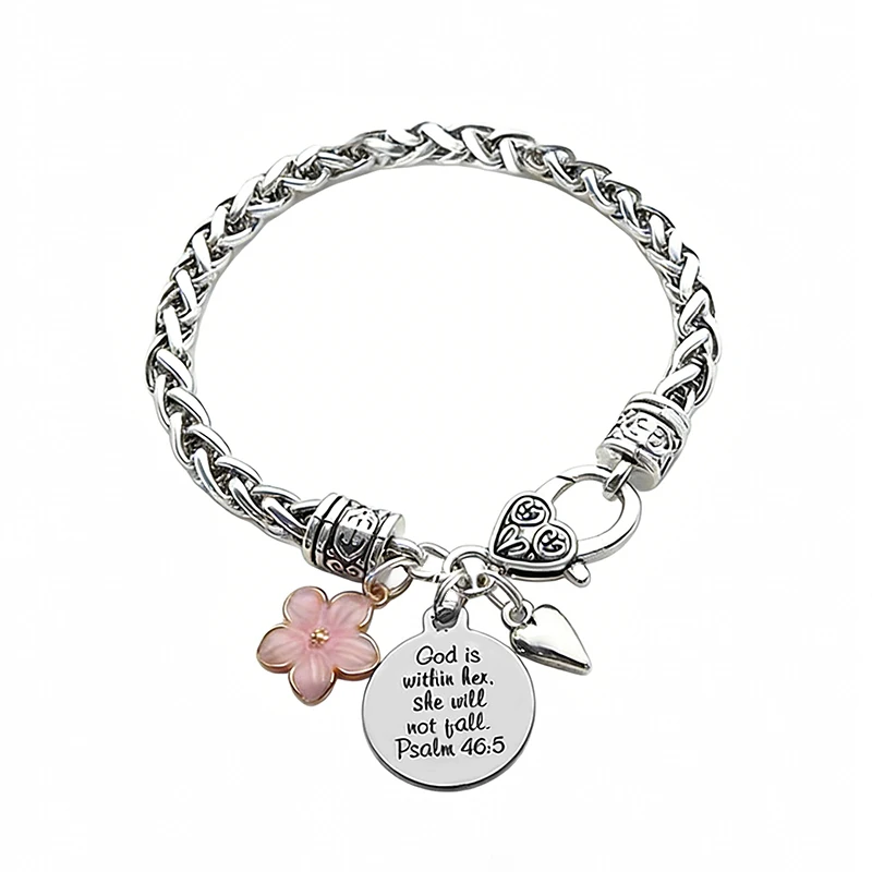 Pulsera con dije de versículo bíblico y corazón de flor, pulseras de cadena retorcida chapadas en plata antigua, joyería cristiana inspiradora