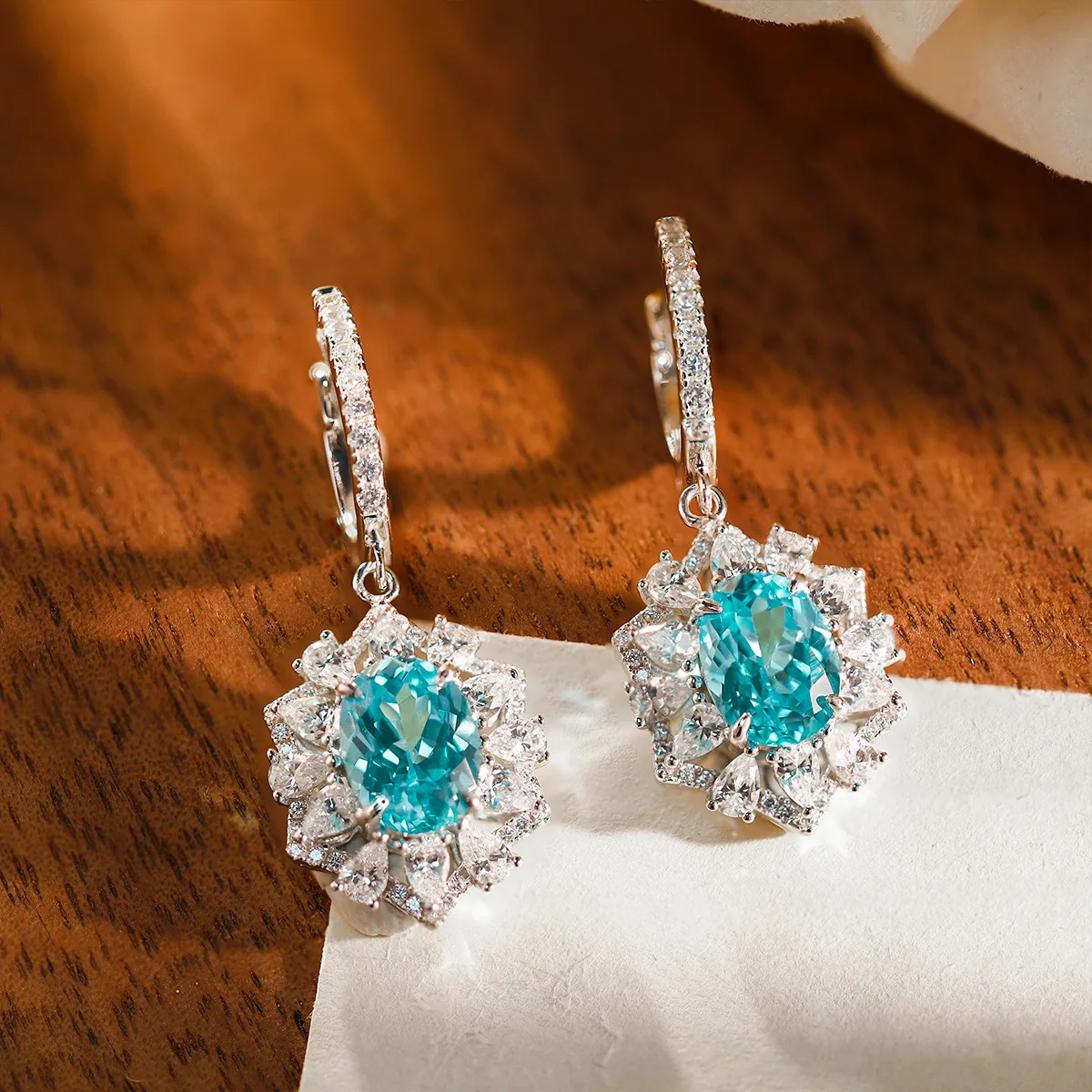 LinkerLove Oval Cut Paraiba Earrings Necklace Cocktail Ring 925 Silver October Birthstone Gemstone Jewelry Set for Women Gift - view 2