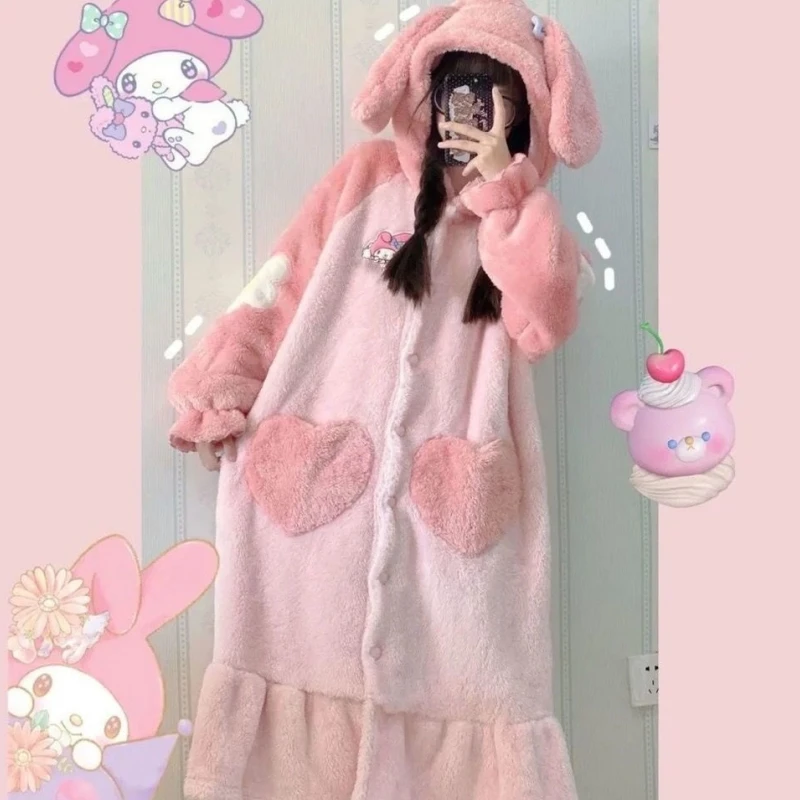 

Sanrio плюшевая мультяшная Пижама My Melody Kuromi Cinnamoroll зимняя очень плотная Коралловая флисовая домашняя одежда для девочек Ночная рубашка костюм