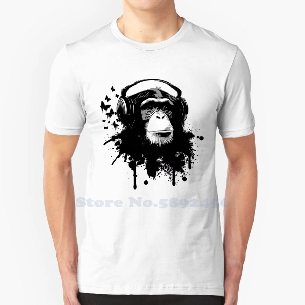 Monkey Business-Black 100% Pure Cotton T-Shirt Chimpanzee Graffiti Spatter Cool Urban Headphones Music Butterflies Butterfly