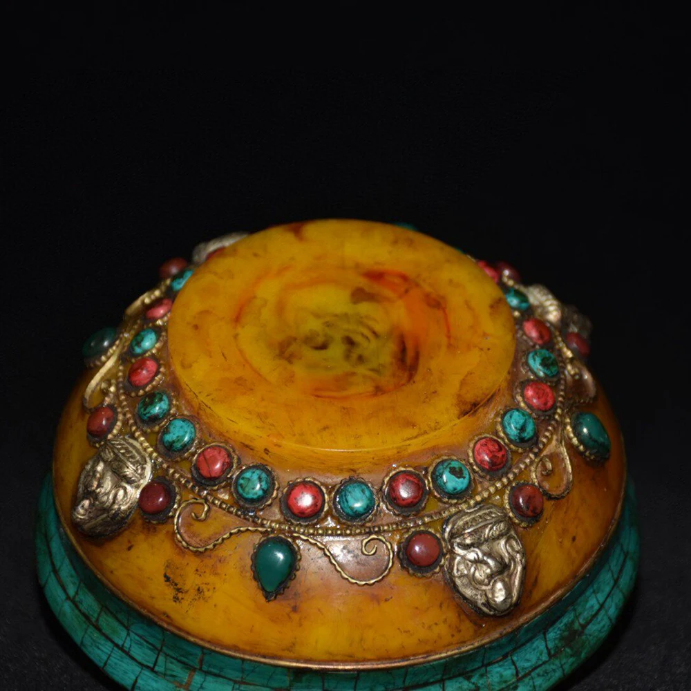 Tibetan Nepal Craft Handmade Gem Inlaid Amber Butter Bowl Home Table Desk Decoration Vintage Collectible