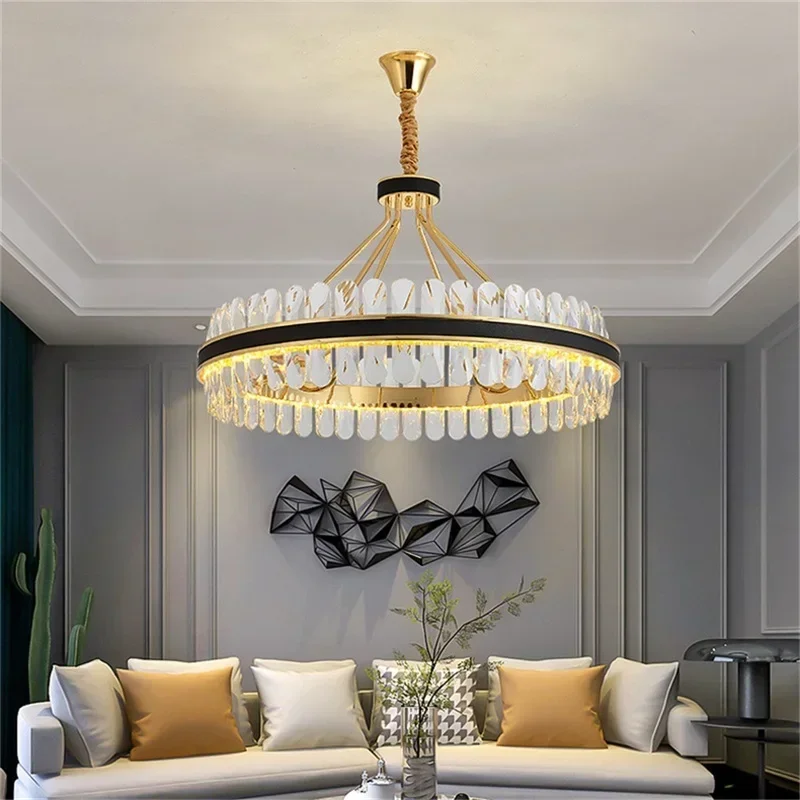 MandosBor Chandelier Crystal Pendant Lamp Postmodern Home Leather Round Light Fixture for Living Dining Room