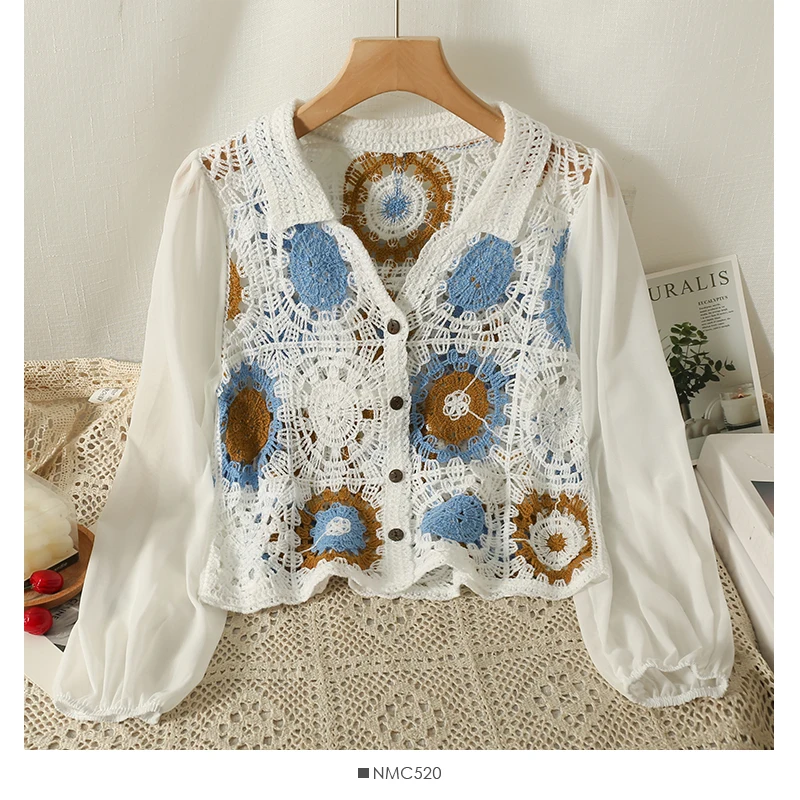 Granny Square Top Long Sleeve Button Front Collared Open-knit Crochet Cardigan Women Teengirl Spring Summer Fairycore Outfit