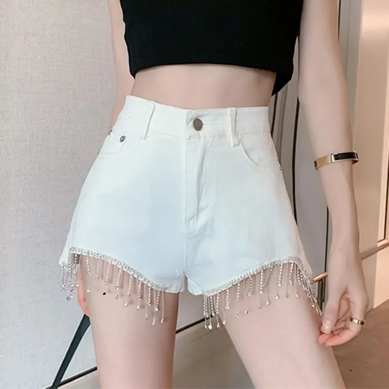 Summer High-Waisted Short Pants Women 2024 New Fashion Loose Fringe Pure Colour Hot Pants Black White Shorts Female