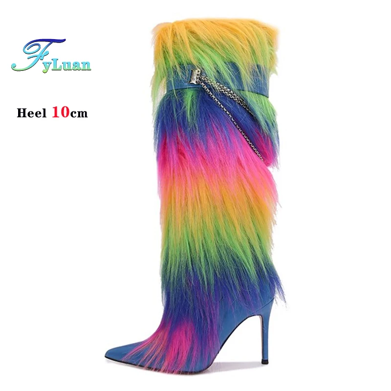 Sexy Ladies Catwalk Party Plush Women Boots Winter Metal Chain Rhinestone Stage Model Shoes Pointed Thin High Heel Knee Boots