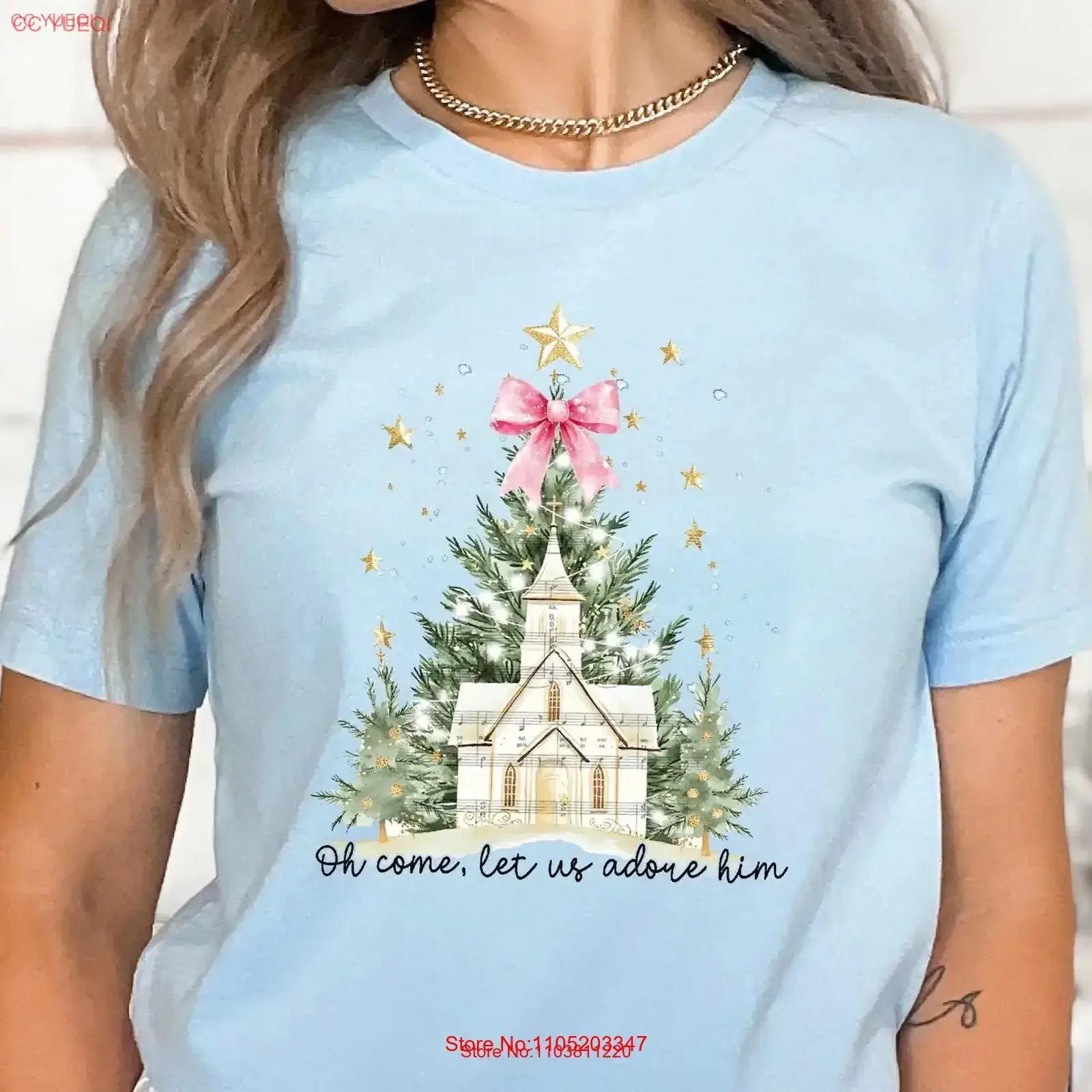 

Oh Come Let Us Adore Him Christmas T Shirt Religious Pink Bow Xmas Tree Jesus Lover Holiday vintage Washed Versatile Stylish