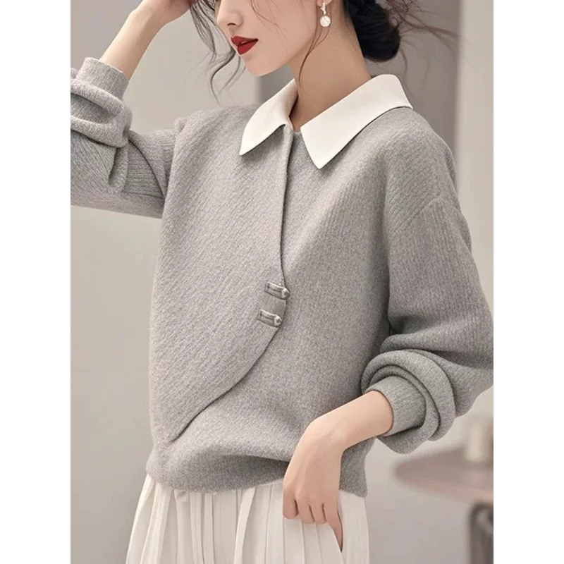 

New Contrasting Gray Fake Two-piece Corduroy Sweatshirt Autumn Korean Loose Casual Polo Collar Top for Women