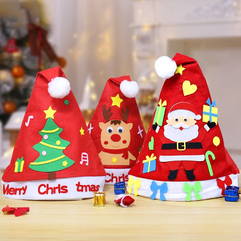 1Pcs Kid Creative DIY Handmade Christmas Hat Craft Kit Cartoon Kindergarten Non-woven Toys Arts Hats Xmas Gifts For Children