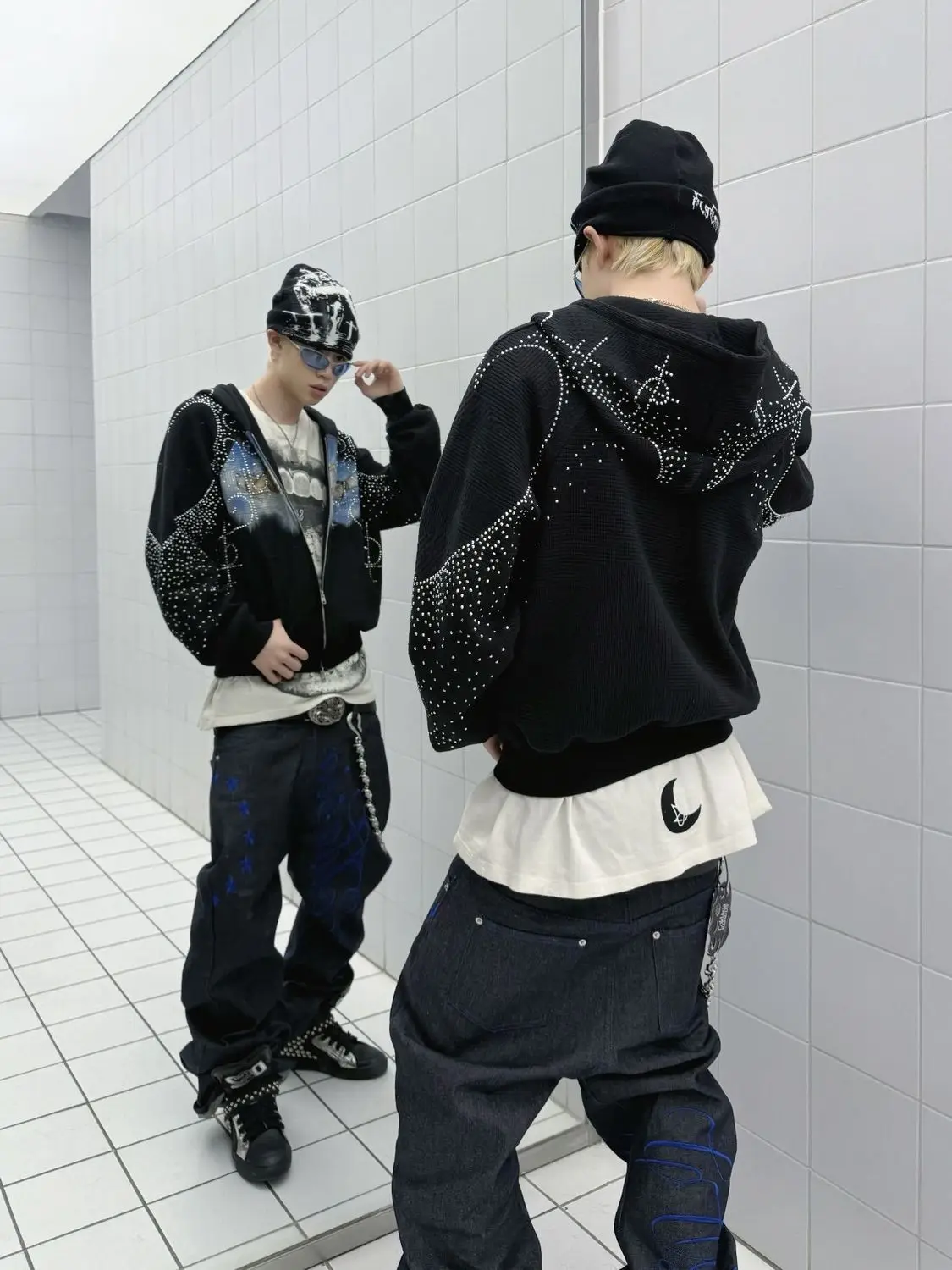 Men's Blue Embroidered Jeans Street Fashion Straight Denim Trousers Punk Boys Sweatpants Male Y2k Casual Wide Leg Pants