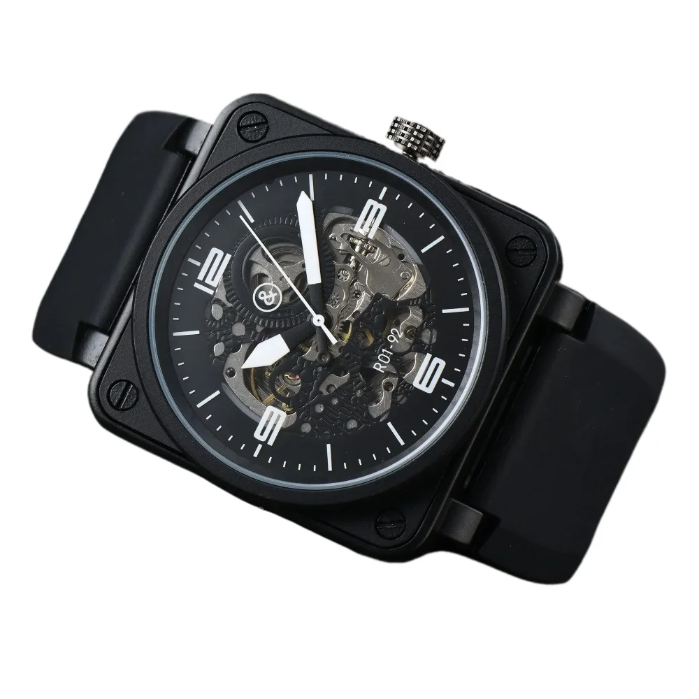 ساعة ميكانيكية أوتوماتيكية للرجال جرس جلد بني أسود روس مطاط 46 ملم مجوفة AAA قرص كبير ساعة رجالية