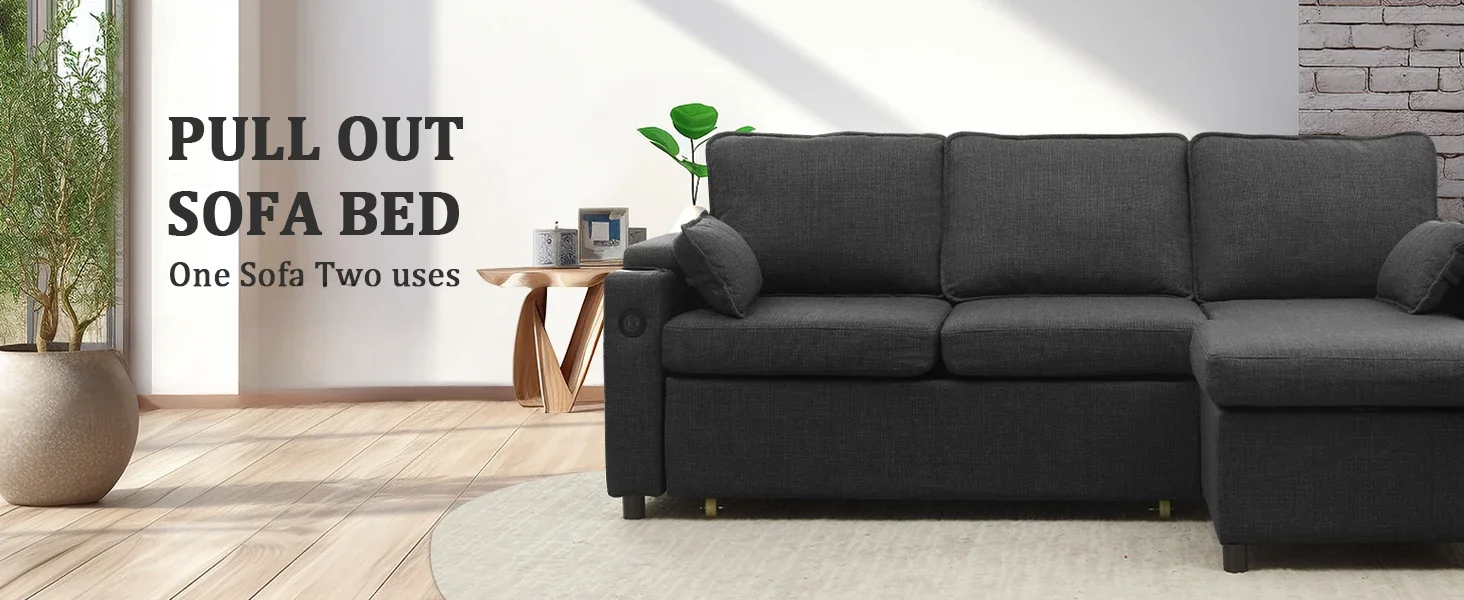 Puxe o dorminhoco secional, sofás do sofá com armazenamento, USB, suporte do copo, 2 em 1