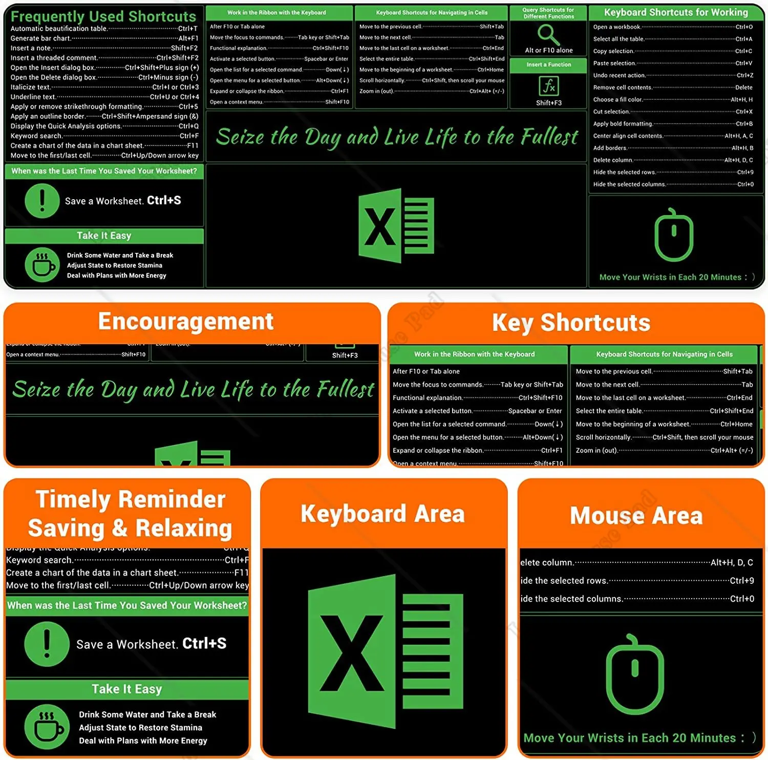 Large Excel Shortcut Mouse Pad Extended Mouse Pad with Stitched Edges Non-Slip Base Keyboard Mats for Desk, 31.5x11.8