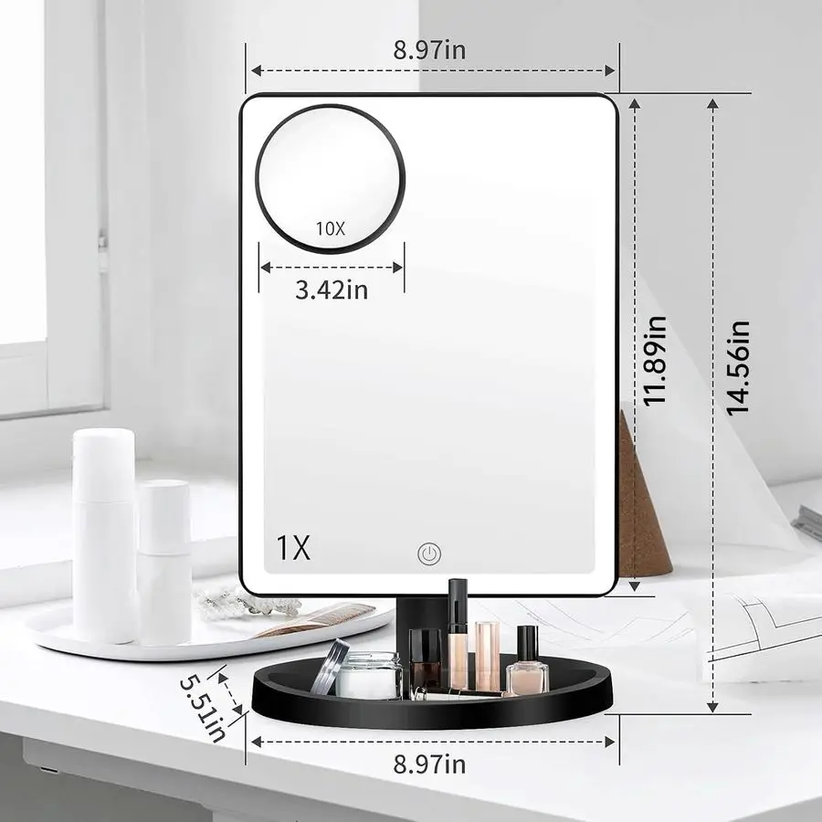 Grand miroir de maquillage éclairé avec lumières, 3 modes d'éclairage de couleur, miroir lumineux avec 88 LED, grossissement 10X et rotation à 360 degrés