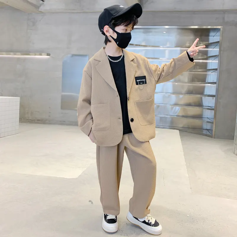 Kids Boys Suit Blazer+Pants Two Piece Black Khaki Spring Autumn Korean Children Casual Formal Soft Clothing Set 5 To 14Years Old