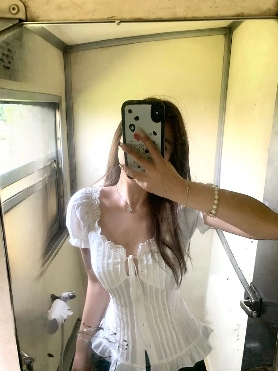 

2toyoung Knot Lace Trim ort Sve Women's irt Summer Bubble Sve Blouse Small Top Korean Sle Pure Cotton B...