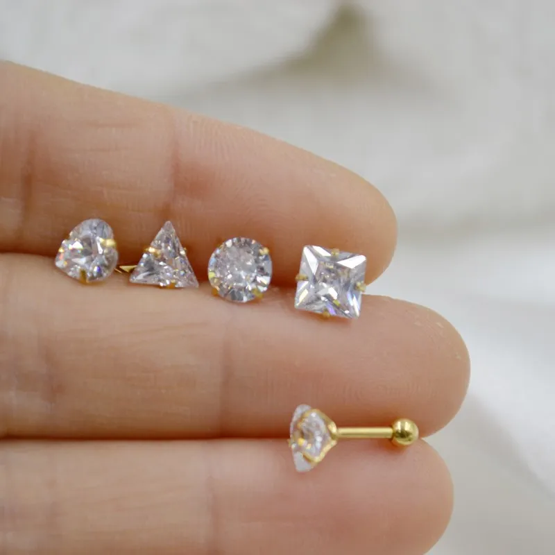 20PCS Body jewelry-Ear Stud Tragus/Helix Bar/Stud AAAAA CZ  Clear Gems Prong Set Round/Square/Star/Heart PVD Gold