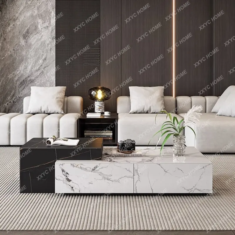 

Retractable Marble Living Room Square Stone Plate Coffee Table with Drawer mesas de centro para sala marble dinning table