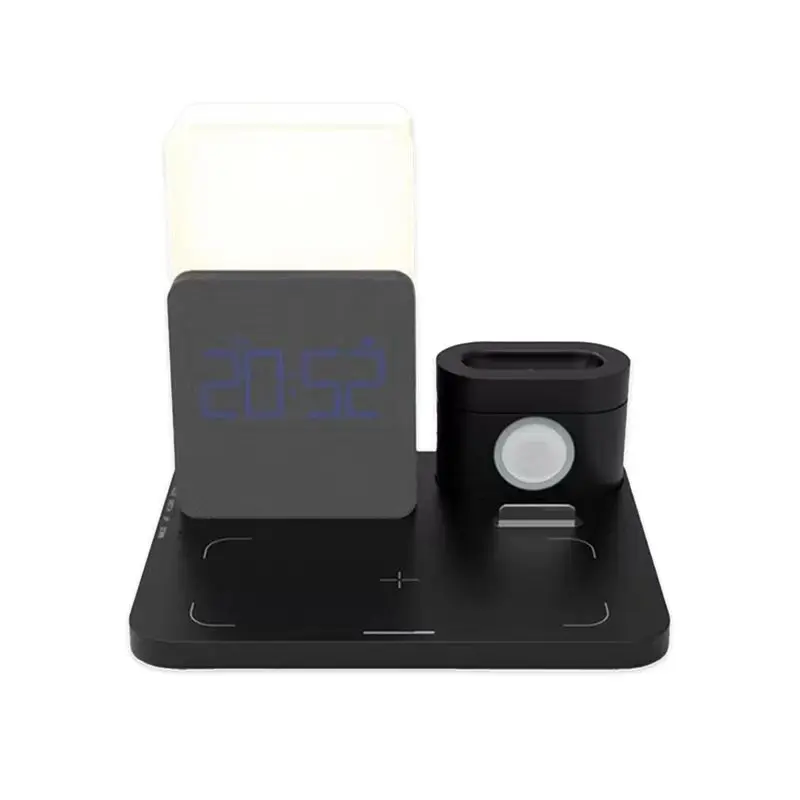

(ABDH) Беспроводная зарядная станция 4-в-1 с быстрой зарядкой, цифровым будильником и ночником, совместимая с часами, черная