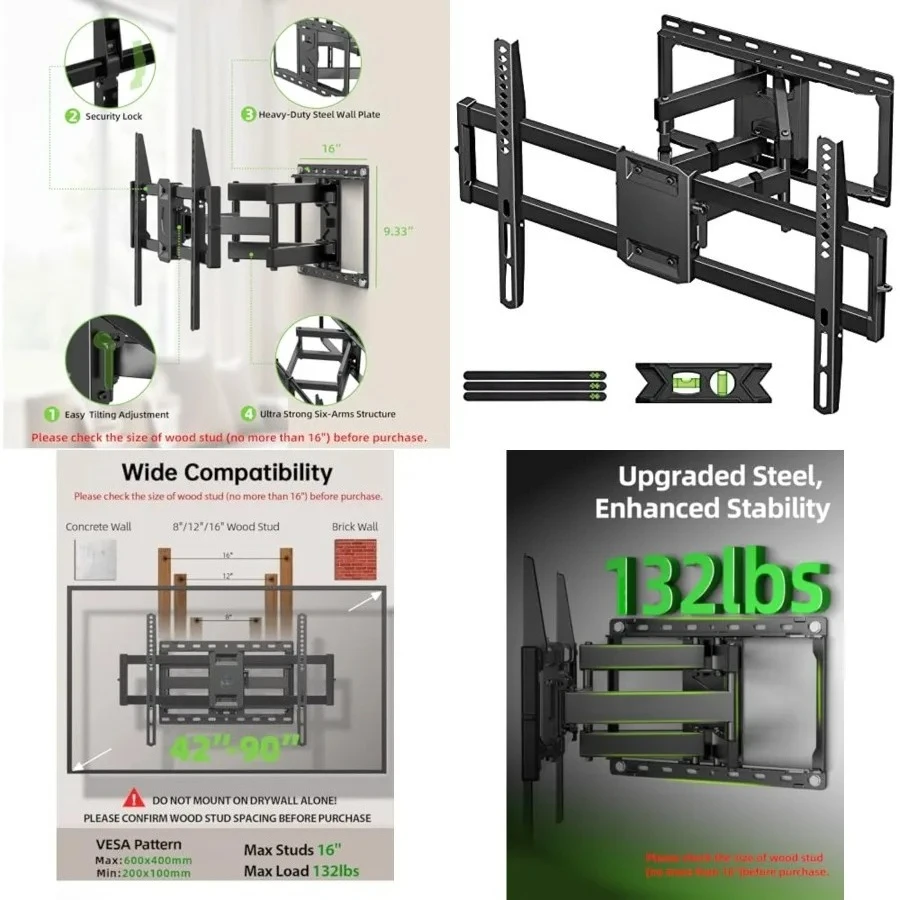 

Full Motion TV Wall Mount for Most 42-90 inch Flat Screen/LED/4K, TV Mount Bracket Dual Swivel Articulating Tilt 6 Arms, Max 16" Wood Studs, VESA 600x400mm, Holds up to 132lbs